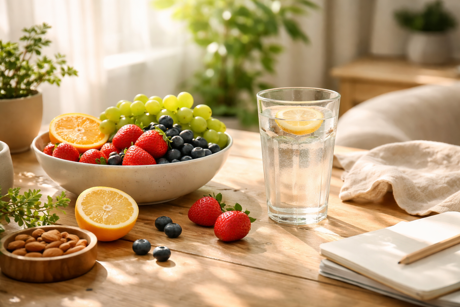 Morning wellness routine setup with natural herbal supplements, fresh water glass, vitamins on wooden table, soft morning sunlight, peaceful home environment, healthy lifestyle concept